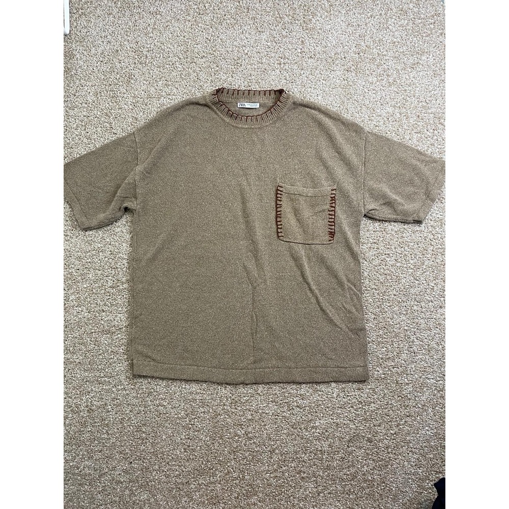Zara Men's Brown Cream Collar Woven Short Sleeve Shirt Size M